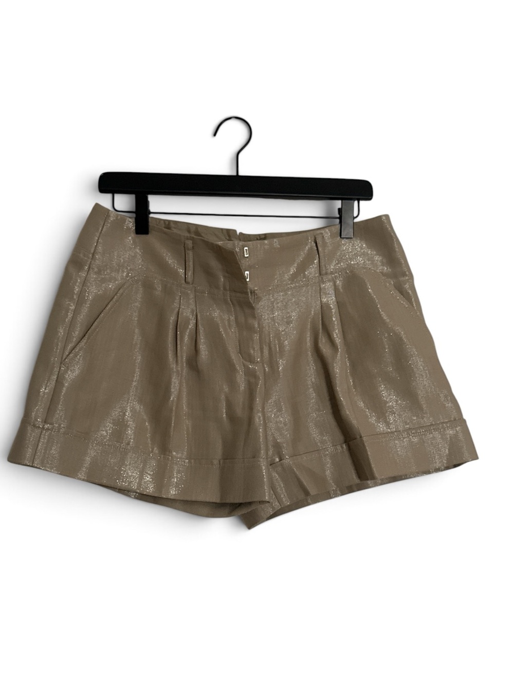 BCBGMaxAzria Shimmery Taupe High-Waist Pleated Shorts